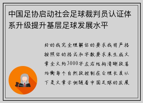 中国足协启动社会足球裁判员认证体系升级提升基层足球发展水平