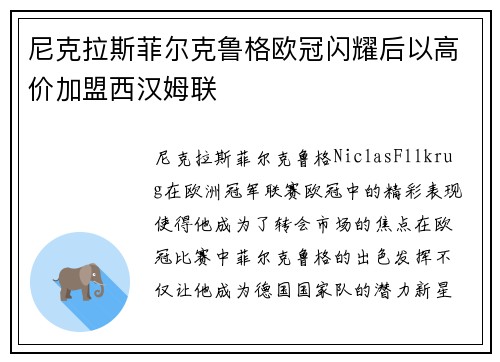 尼克拉斯菲尔克鲁格欧冠闪耀后以高价加盟西汉姆联 尼克拉斯菲尔克鲁格欧冠闪耀后以高价加盟西汉姆联